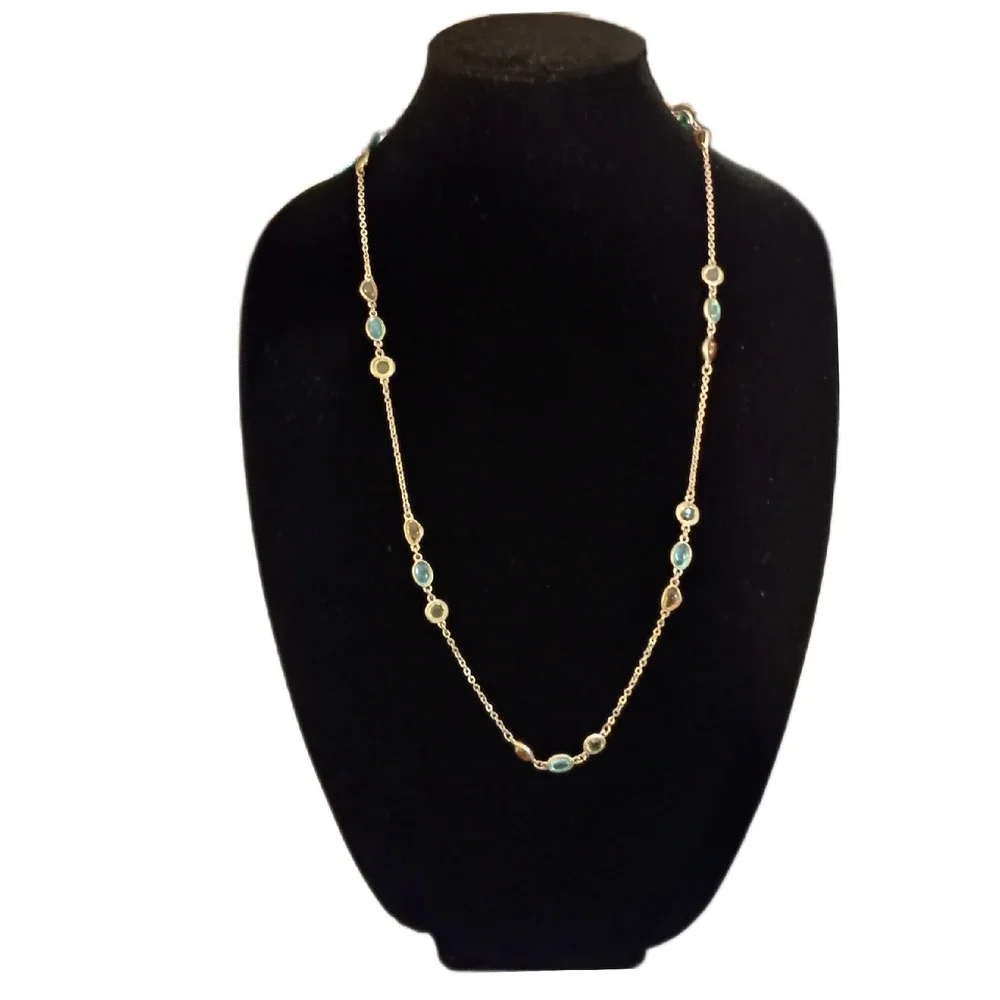 Station Necklace Gold Tone Blue Green Yellow Gemstone Chain Necklace SKUJ050